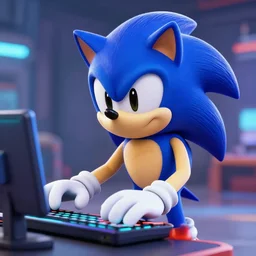 portrait of sonic the hegdehog playing videogames. cyberpunk, highly detailed, 3 d render, artstation, artgerm, shinkiro toshiaki mori