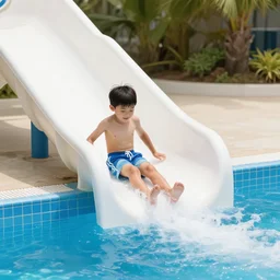 stock image of a boy sliding down a waterslide into a swimming pool