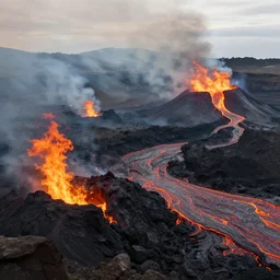 A realistic detailed photo of a valley of active volcanoes, rocks coming out of the ground, fire, fire particles, explosions, lava, lava rivers, chaotic landscape, foggy landscape, light particles, detailed light, realistic shaders, trending on artisation, detailed textures, detailed, realistic.