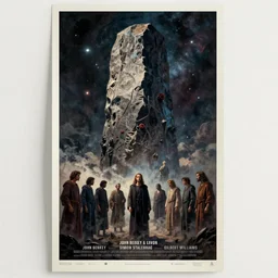 a painting of a religious group of people in front of a giant monolith, poster art john berkey and simon stalenhag and gilbert williams, cgsociety, space art, lovecraftian, cosmic horror, poster art