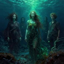 spirit wisps in the deep sea by simon stalenhag and gillis rombouts and greg rutkowski and beeple and anton fadeev, hyperrealism! chiaroscuro!!!! tonalism! vibrant! desaturation, undersea, high contrast, highly detailed, volumetric lighting, green glowing motes