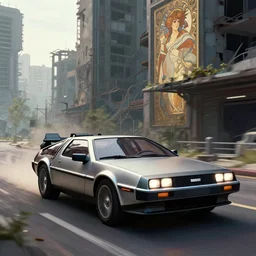 photograph of the delorean, with a sleek spoiler, driving down the streets of a cyberpunk abandoned city, by greg rutkowski, by stanley artgerm, by alphonse mucha