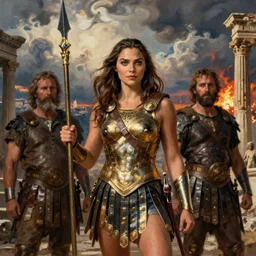 Painting of a cinematic still of Gal gadot as a female gladiator holding a golden ornate spear in her hand by Rembrandt van Rijn and Hubert Robert, 200mm, Ancient Roman Ruins in the background, dramatic clouds, city in the distant on fire