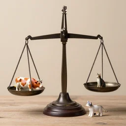 set of balance scales with weights, libra, weighing cow and cat miniatures