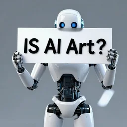 a robot holding a sign that says is ai art?