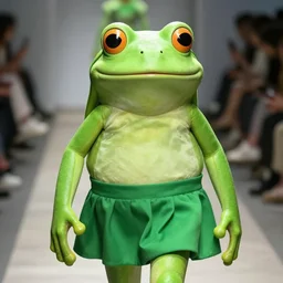 fashion show with a ugly smiling green tree frog dressed in a green skirt, photo realistic, matte image
