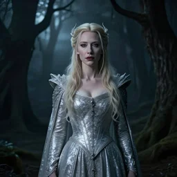 portrait of ((mischievous)), baleful young (Cate Blanchett) as Galadriel as a queen of fairies, dressed in a beautiful silver dress. The background is a dark, creepy eastern europen forrest.  night, horroristic shadows, high contrasts, lumnious,  photorealistic, dreamlike, (mist filters), theatrical, character concept art by ruan jia, Tapiró Baró, thomas kinkade, and J.Dickenson, trending on Artstation