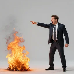 stock photo of businessman screaming while pointing at fire