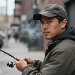 closeup portrait of a man fishing in a smoky new york back street, by Annie Leibovitz and Steve McCurry, natural light, detailed face, CANON Eos C300, ƒ1.8, 35mm, 8K, medium-format print