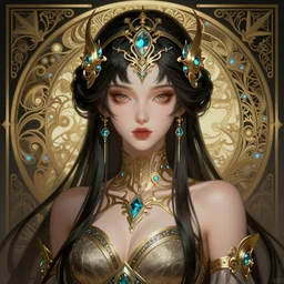 portrait of a cyberpunk art deco woman who looks like Rias Gremory sci-fi, fantasy, intricate, elegant, highly detailed, digital painting, artstation, smooth, sharp focus, illustration, art by artgerm and greg rutkowski and alphonse mucha
