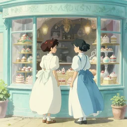 two girls in victorian dress looking around a cute sweets and cake shop, light mint and tiffany blue color scheme, natural lighting, intricate details, cozy atmosphere, matte painting, illustration, by hayao miyazaki