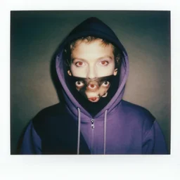 medium shot, surreal photo of a black and lilac hoodie, multiple red eyes staring from the inside of the dark in hood, 9 0 - s, polaroid photo, by warhol,