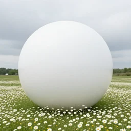 a giant orb in a meadow of daises, overcast day