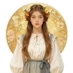 realistic detailed full portrait of a cottagecore flowergirl in beautiful simple traditional modest garments by Alphonse Mucha, Ayami Kojima, Amano, Charlie Bowater, Karol Bak, Greg Hildebrandt, Jean Delville, and Mark Brooks, Art Nouveau, Neo-Gothic, gothic, rich deep moody colors