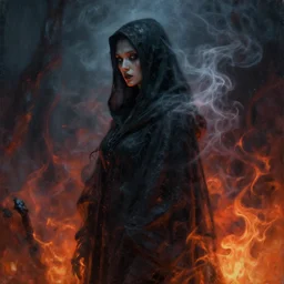 old shadow hag cloaked in ethereal smoke and shadow and fire looking away from camera, profile shot, hyperrealistic, subject in center of frame, neonpunk, oil on wood portrait bykim jung gi and rembrandt and leonardo da vinci and jan van eyck, artstation, deviantart, rule of thirds
