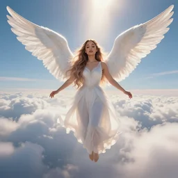 ariana grande flying above the clouds, 4 k, high res, octane render, blender, unreal engine, raytracing, heaven, godly, godrays, volumetric, religion, angel