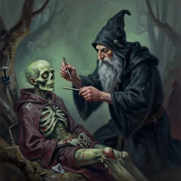 gouache of a dwarf necromancer fixing up a zombie