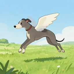 “ a greyhound with wings flying above cartoonish grassy plains, he is a long boi ”