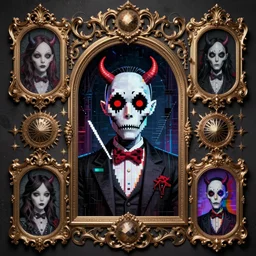 baroque bedazzled gothic royalty frames surrounding a pixelsort emo demonic horrorcore japanese Edward Scissorhands, sharpened early computer graphics, remastered chromatic aberration