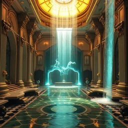 bright sleek waterfall solarpunk palace interior, neo - rococo, extreme opulence, 4 k octane render, utopia, volumetric light, 4 k full hd, cinematic, futuristic, wealthy atmosphere, imagined by simon bizley, albert bierstadt, herbert james draper, arnold bocklin, caspar david friedrich, sir lawrence, alma - tadema, karl heilmayer, j