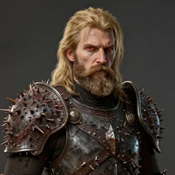 a highly detailed 4 k fantasy matte painting of a man wearing thorn covered armor with medium blonde hair mustache beard and red eyes portrait, zdzislaw beksinski, artstation, cgsociety, unreal engine