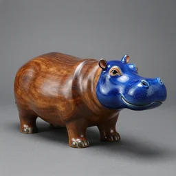 a museum - quality wood and ceramic hippopotamus made of polished wood with a bright blue ceramic hippopotamus head, hd photograph, matte gray background