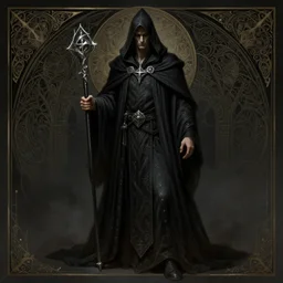 male necromancer, full body shot, hood, d & d, horror, darkness, fantasy, intricate, elegant, highly detailed, digital painting, artstation, concept art, matte, sharp focus, illustration, art by artgerm and greg rutkowski and alphonse mucha