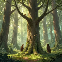 tree people, daily deviation, classic fantasy art epilogue, magical forest, treefolk, ents, birds on branches, morning sunshine