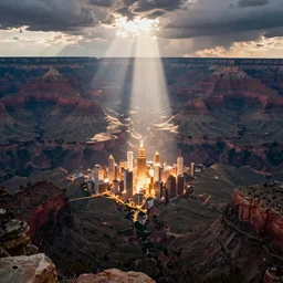 a bright glowing city in the Grand Canyon, beautiful dynamic lighting, cinematic, wide angle establishing shot, extremely high detail, photo realistic, cinematic lighting, post processed, concept art, artstation, matte painting, style by eddie mendoza, raphael lacoste, alex ross, volumetric lighting, light rays, photorealistic, ultrarealistic, moody, coronarender, 8k