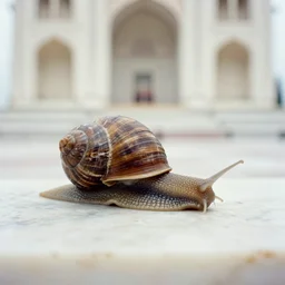 a fat snail in a marble temple, film photography, soft lighting, nostalgia, 8 mm