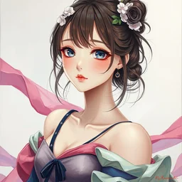 masterpiece oil painting full body artwork of oil painting of an anime girl with beautiful features beautiful modern elegantly dressed anime girl wearing flowing colourful elegant clothes full body highly detailed face detailed eyes heterchromia alphonse white datura range murata 8 k oil painting