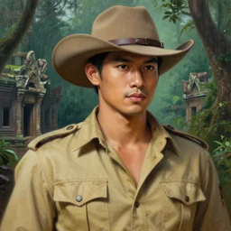 a smart and handsome thai male dressed as hunter in armed, close - up portrait, with 6 0 s khaki western hat, khaki safari hunter costume, ancient khmer ruin in the rainforest in background, intricate, elegant, loin cloth, highly detailed, oil painting, artstation, concept art, matte, sharp focus, illustration, hearthstone, art by earl norem and lixin yin, hyper