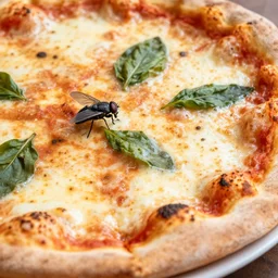 a close up shot of a napoletan pizza with a fly on top, extremely realistic, very crisp details, photo realistic, trending on instagram