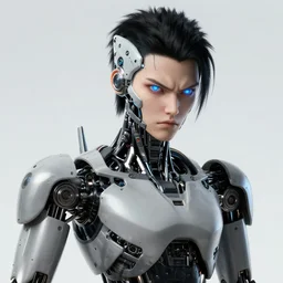 portrait of cyberpunk style robot after war, mechanically enhanced, biohacking, black hair, angry cyborg face, laser eyes, cyborg, machine, robotic skin, fine details. anime, by ilya kuvshinov katsuhiro otomo ghost - in - the - shell, magali villeneuve, artgerm, rutkowski, wlop jeremy lipkin and giuseppe dangelico pino and michael garmash and rob rey and tsutomu nihei