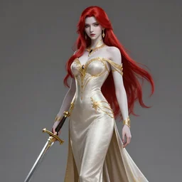 gender : female, race : human, job : high class noble, clothes : fine gowns and accessories, weapon : a ceremonial sword, accessories : golden jewelry, body type : slender, skin tone : pale, hair color : red, hair style : long,, made by stanley artgerm lau, wlop, rossdraws, artstation, cgsociety, concept art, cgsociety, octane render, trending on artstation, artstationhd, artstationhq, unreal engine, 4 k, 8 k,