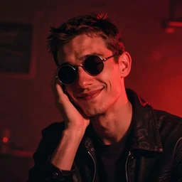 orientalist painting portrait of a slender man with short hair and rounded sunglasses, smiles in despair, atmospheric and obscure, red neon light, by roger deakins, cinematography, syd mead, realistic, 5 0 mm
