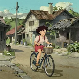 a young girl riding a bike with a basket in a small town, 1970s philippines, art by hayao miyazaki, studio ghibli film, hi res, 4k, perfect face, wide shot