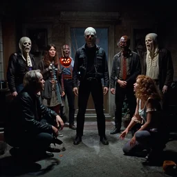 a wide angle movie still from the thing ( 1 9 8 2 ) by john carpenter showing the halloween scene, sci - fi and horror, uneasy and uncanny atmosphere, full color, shot on celluloid, panavision lenses, 3 5 mm film, anamorphic, oscar winning practical effects