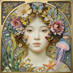 hyperrealistic detailed portrait of an asian young girl with a ivory ceramic face, with flowers, butterflies, corals, sea kelp, sea plants, fish, starfish, jellyfish, diamonds, filaments, golden filigree, neon lights, art by ernst haeckel, john william godward, hammershøi, alphons mucha, pontormo, ornamental, decorative, art nouveau wallpaper, lights by hopper, pastel deep colours,
