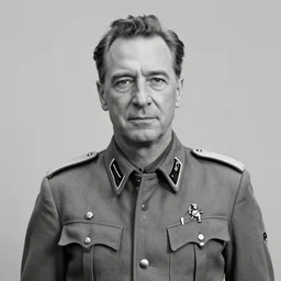 patrick stewart as a wwii general. greyscale photograph.