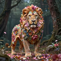 portrait of a majestic floral lion near a forest, ornate lion, floral lion, flower petals, male lion, full body portrait, centered, atmospheric lighting, floral design, intricate, volumetric lighting, concept art, sharp focus, ultra detailed, concept art by marc simonetti and dan mumford. trending on cgsociety