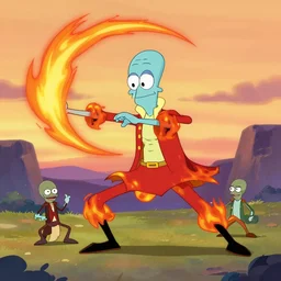 squidward with four legs wearing fire nation clothing and practicing firebending outside at susnset, [ greg rutkowski ]