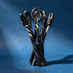 a bundle of black twizzlers on a blue background, licorice candy,