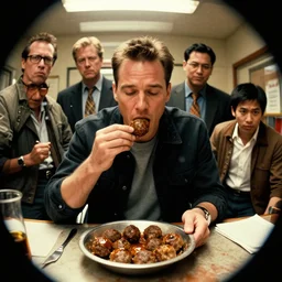Die Hard movie but John McLane is eating meatballs all the time , Greg Rutkowski, Darek Zabrocki, Karlkka, Jayison Devadas, Phuoc Quan, trending on Artstation, 8K, ultra wide angle, pincushion lens effect.