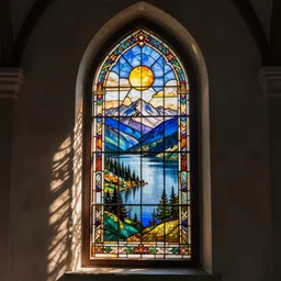 lakeside mountains, stained glass window