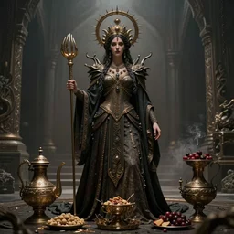 a full body portrait of the goddess of feast and famine, ominous, cinematic shot, realistic, photography, photorealisic, fantasy, ornate, intricate detail, epic, high definition, 8 k, midjourney, artstation