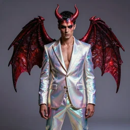 a man with infernal devil wings in an iridescent chameleon - colored suit with a pearly hue