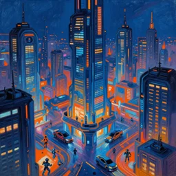 futuristic sci-fi city at night with bright neon lights contrasting heavily with dark ominous buildings in three point perpective, primarily blue in color with orange accents, in the style of esao andrews, oil painting, pop surrealism, cartoon-tainted abstract surrealism, vibrant, contrast, 4k, volumetric, HDR, crisp, detailed, beautiful, dynamic, colorful, spacious, reflective windows, futuristic cars, people, robots, sharp detailed reflections