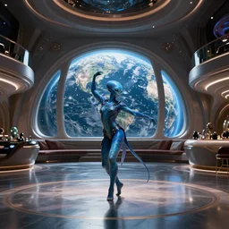 vfx movie scene beautiful blue skin alien woman dancing in sleek futuristic decadent spaceship ballroom. giant windows view of earth obit. by emmanuel lubezki