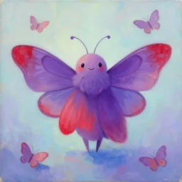 an oil painting of cute moth humanoid , superflat art, very ethereal, joy, painterly, heavy impasto, purple, scarlet and blue colours soft gradient, moth inspired dress, androgynous, happy, sea butterflies, calm, ambient, calming